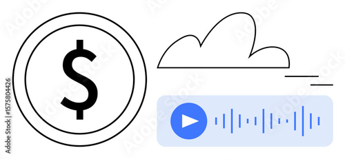Dollar sign in a circle, cloud, and audio player with waveform signalizing digital content, online media, streaming services. Ideal for cloud technology, audio monetization, finance, data
