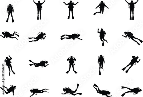 Silhouettes of scuba divers underwater, various diving poses, professional diving equipment, deep sea exploration, adventure, marine life discovery, isolated on white background