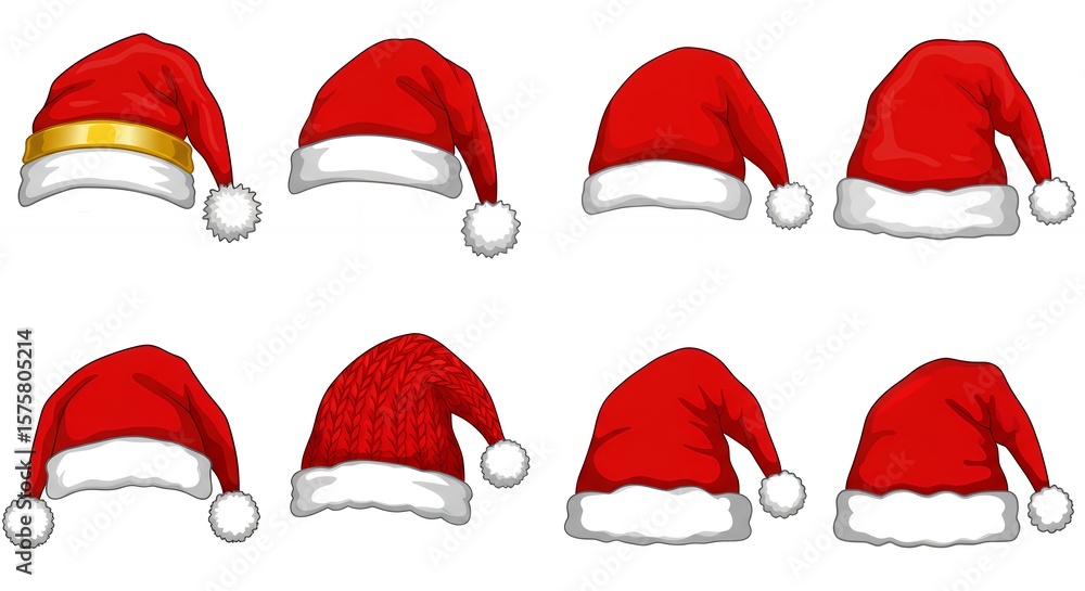 Collection of red and white santa hats Collection of red and white santa hats