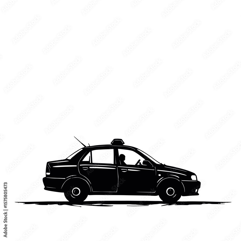 Naklejka premium Accessible taxi ride showcasing inclusivity with a car and driver, black and white illustration. Accessible taxi ride concept featuring transportation and accessibility,
