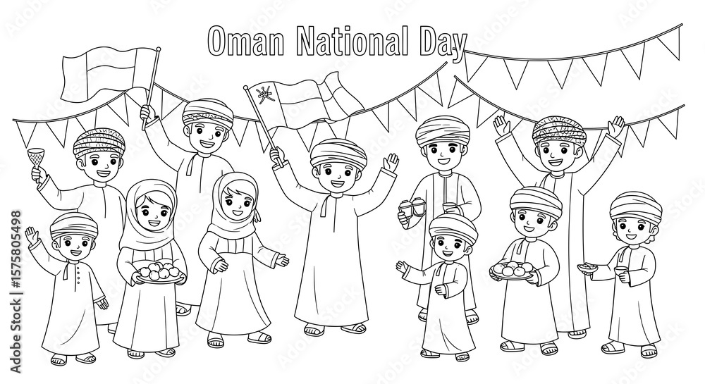Omani national day celebration with children holding flags and food isolated on transparent background Omani national day celebration with children holding flags and food isolated on transparent background