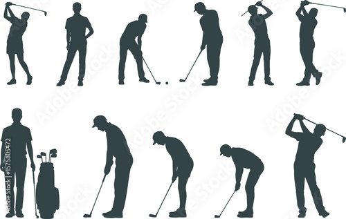 Silhouettes of male golfers playing golf, swinging clubs, putting, standing with golf bag, practicing golf shots, outdoor sport activity, leisure and competition