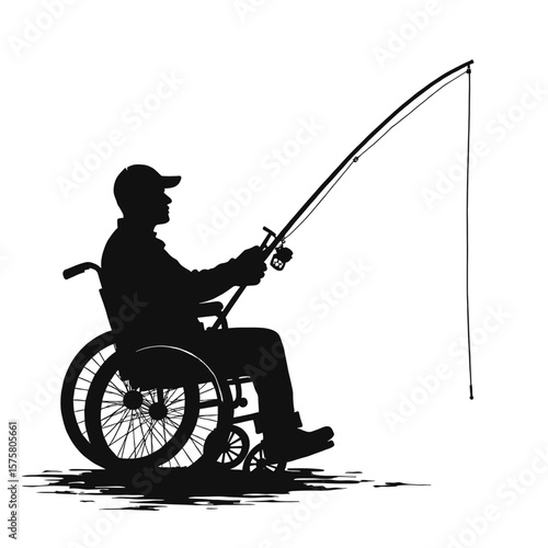 Man in wheelchair fishing illustrated as silhouette. Man in wheelchair fishing with fishing rod at river, he enjoys nature. Conceptual man in wheelchair fishing symbol of inclusiveness.