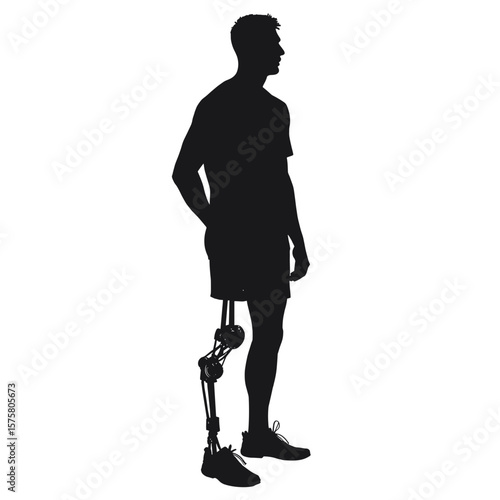 Man with prosthetic leg stands in silhouette, showcasing resilience and determination. Man with prosthetic leg symbolizes strength, overcoming obstacles, and embracing inclusivity in representation.