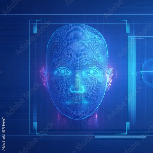 Digital representation of a human face with a wireframe design.