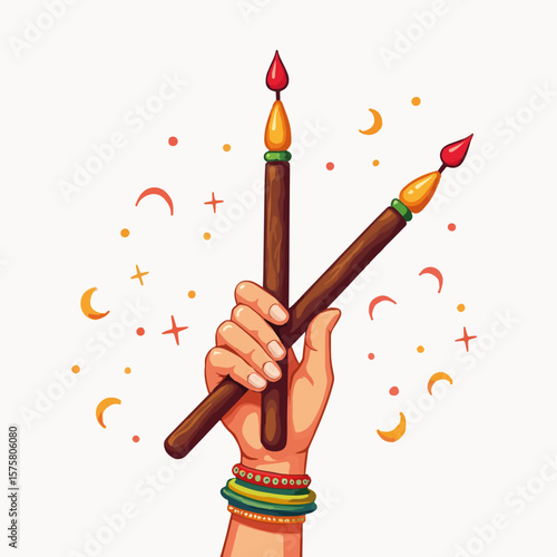 Hand holding dandiya sticks adorned with bangles celebrates vibrant Navratri. Close up of hand shows festive dandiya sticks, complete with bangles and mehndi details,