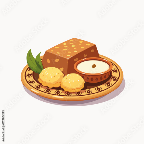Patterned plate with traditional indian food, including halwa, puri, and payasam. Patterned plate features cultural treats, festive desserts, and holiday sweets as part of Hindu festival celebrations,