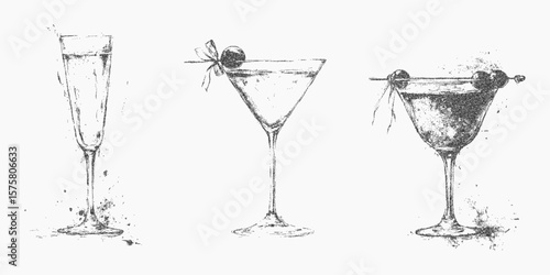 Three glasses of different shapes and sizes, martini, wine and champagne flute. Stipple drawing, threshold highlights and photocopy paper texture. Gritty halftone noise, retro prints.