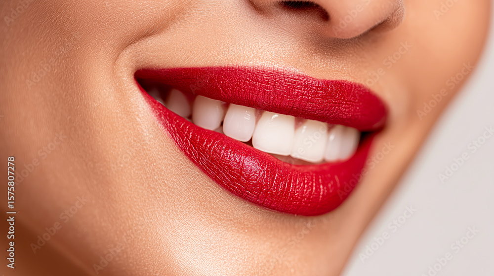 Obraz premium Smiling woman applies vibrant red lipstick, highlighting her flawless makeup and radiant skin, exuding confidence and glamour during her beauty routine