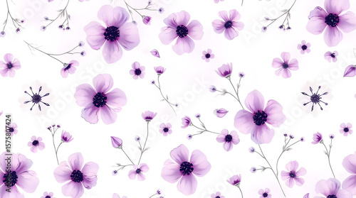 Delicate Purple Watercolor Floral Pattern on White Background
