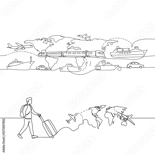 Global travel connections shown with continuous line art, including planes, trains, ships, and cars illustrating worldwide transport.
