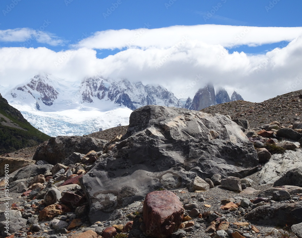 Obraz premium Rocky path to Laguna Torre, near el Chalten, Patagonia Argentina. Scenic andean mountains landscape in summer. 
