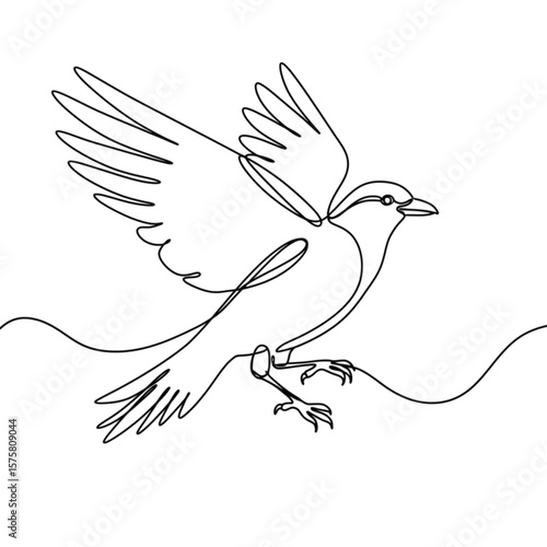 Graceful avian design features a flying bird in a single line art style, ideal for minimalist logos and sophisticated print applications.