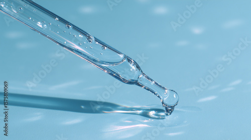 A close-up photo of a glass pipette pouring a clear light blue liquid, against a light background, with a pastel aesthetic