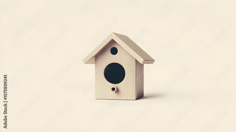 A small wooden birdhouse sits centered against a plain light background. A small wooden birdhouse sits centered against a plain light background.