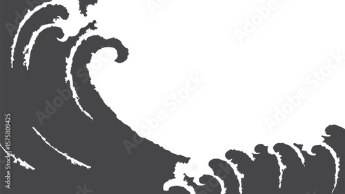 Dramatic monochrome illustration of a large wave cresting with smaller waves below it on white background
