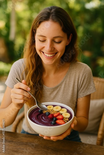 Woman smiling holding bowl of acai with banana berries and granola eating