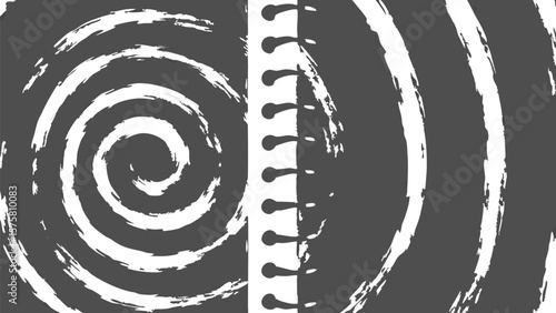 Abstract monochrome design featuring spiral patterns and a notebook binding element in the center
