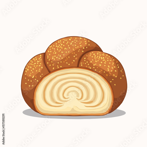Round challah loaf with poppy seeds for Rosh Hashanah, Jewish New Year celebration, is featured in this close-up image. 