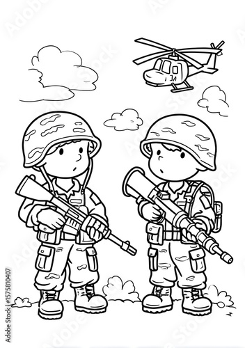 Coloring page of soldiers with tank and helicopters
