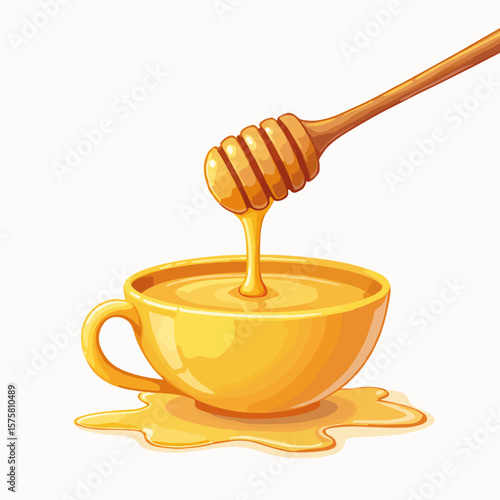 Honey dipper dripping honey into yellow cup, symbolic for Rosh Hashanah, showcasing tradition of sweet new year. Fresh honey dipper dripping honey creates a sense of warmth for Rosh Hashanah,