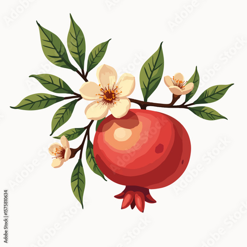 Pomegranate branch with blossoms symbolizes Rosh Hashanah, featuring ripe pomegranate and delicate white flowers.