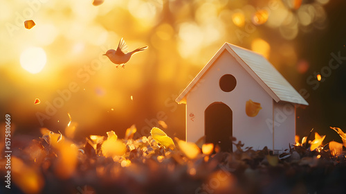 Wallpaper Mural Miniature white birdhouse with a bird flying in a sunlit natural setting. Torontodigital.ca