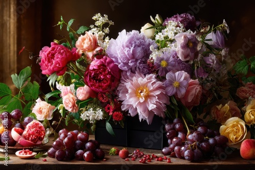 Wallpaper Mural Vibrant display of seasonal flowers and fresh fruits on rustic wooden table Torontodigital.ca