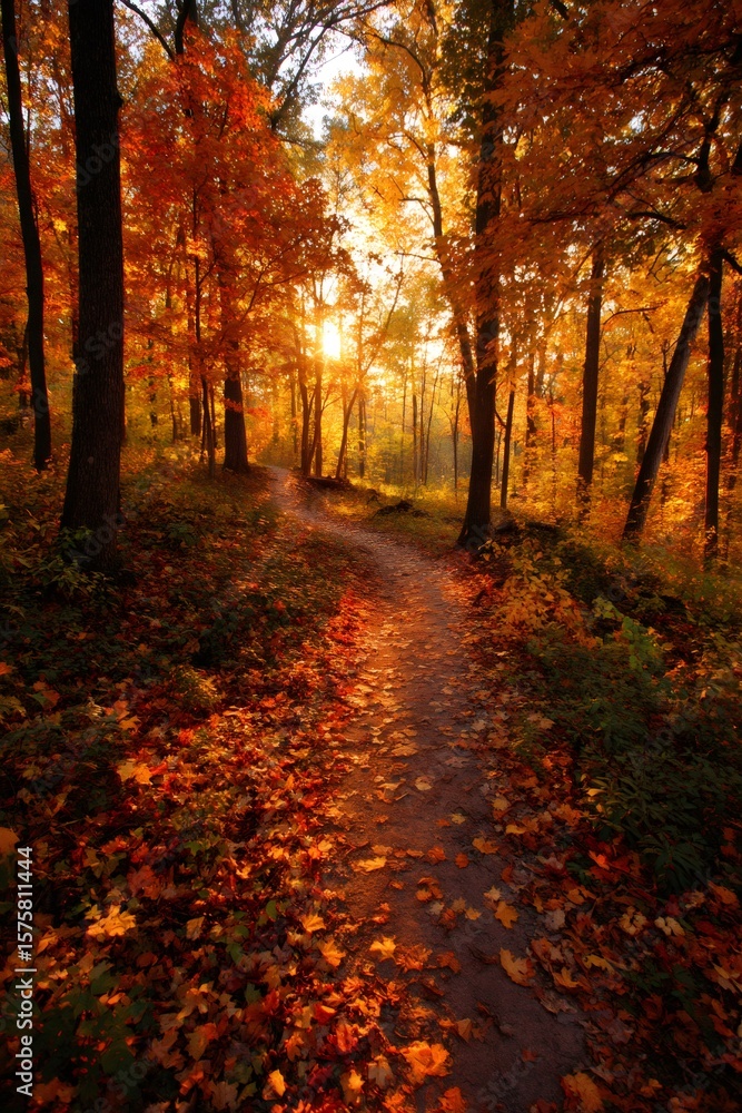 Obraz premium Golden sunset rays filtering through autumn woodland, casting warm light on leaf strewn forest trail