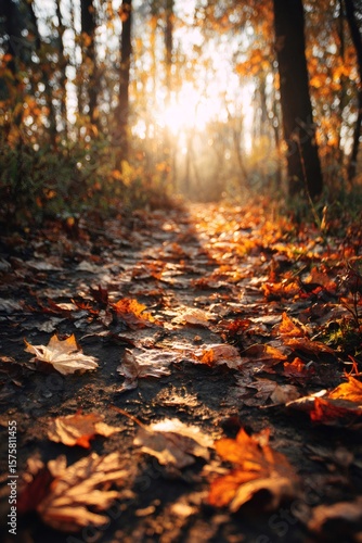 Wallpaper Mural Golden sunlight filtering through autumn trees, illuminating leaf strewn woodland path Torontodigital.ca