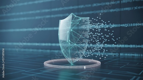 Glowing shield dissolving into digital particles data