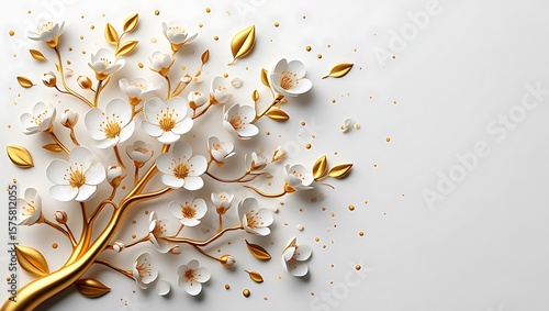 Elegant Floral Design: Cherry Blossoms with Gold Accents, A Luxurious White Flower Branch with Gold Details for Stylish Backgrounds