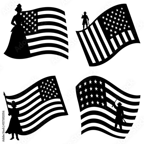 Four american flags with silhouettes of people in historical clothing in black and white style