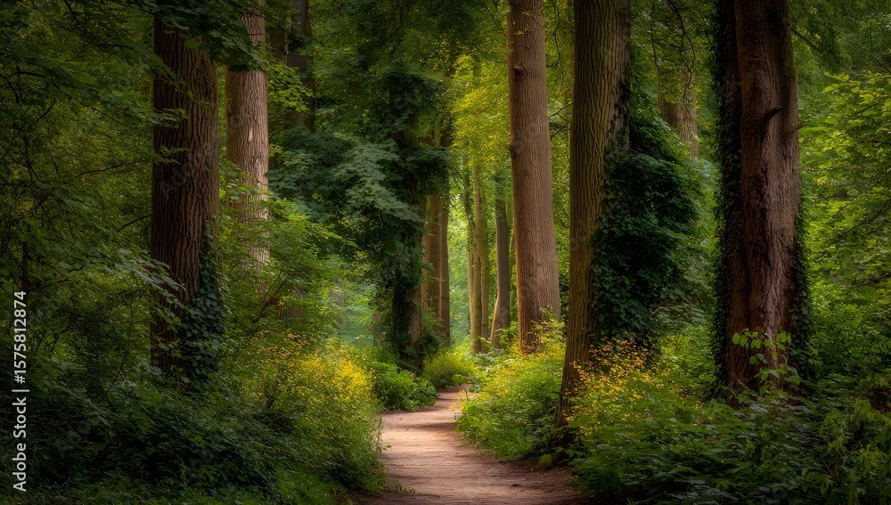 Obraz premium Enchanting Forest Pathway Under a Dense Canopy