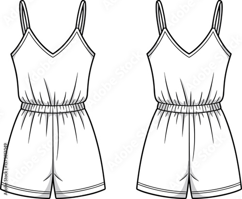 Spaghetti strap romper flat sketch, front and back view, elastic waist design, fashion CAD drawing, vector illustration, apparel template, technical outline