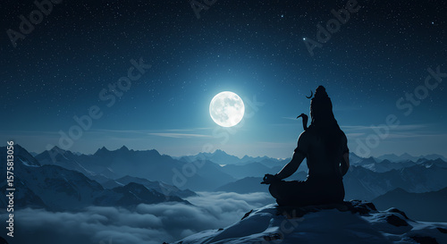 Shiva meditating on a mountaintop under a full moon.