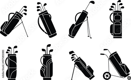 Set of black golf bag icons with clubs, various styles and angles, golf equipment silhouettes, sports gear, golfing accessories vector illustration