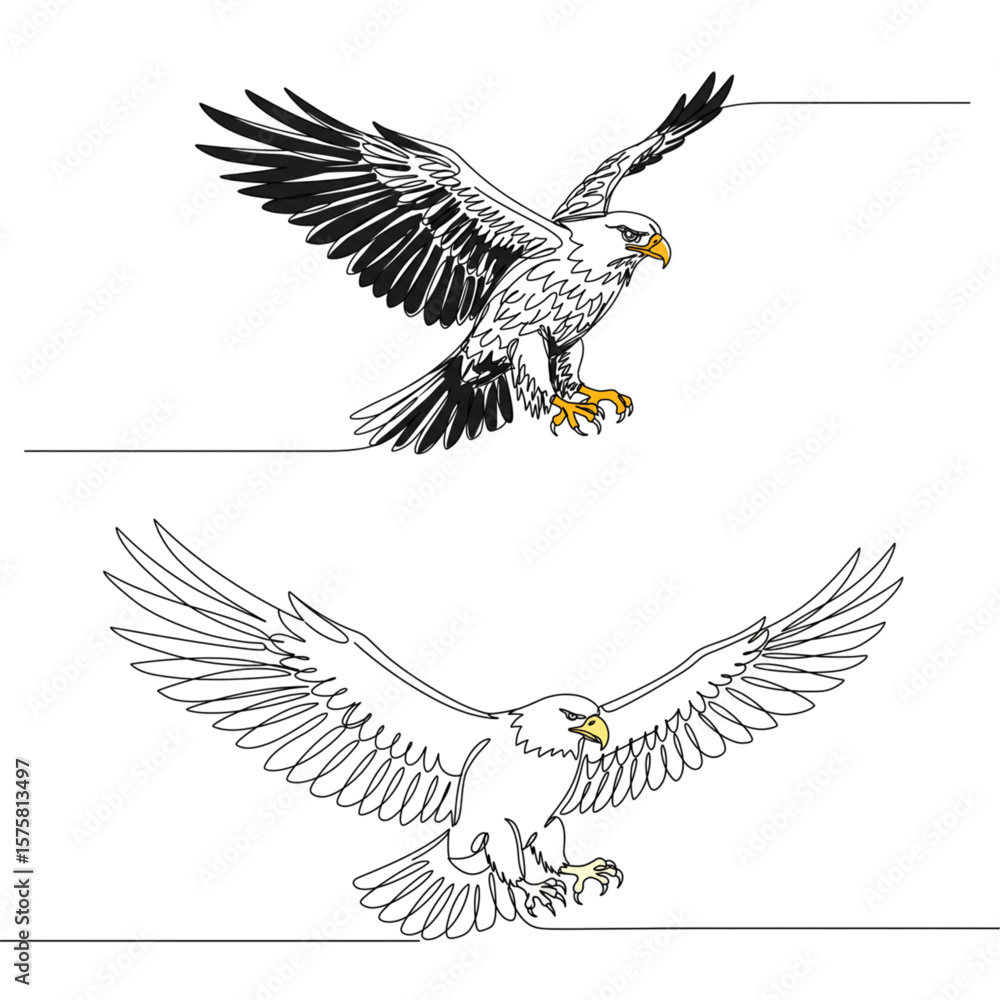 Obraz premium Dynamic continuous line drawing of two majestic eagles soaring, perfect for emblem designs and patriotic themes.