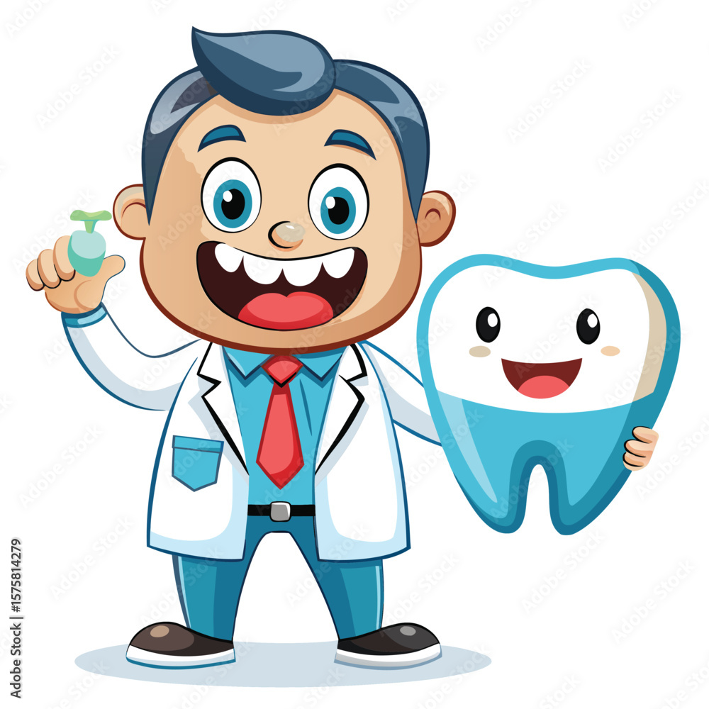 Fototapeta premium Cartoon dentist holding a tooth