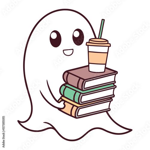 Adorable Kawaii Ghost Enjoying Coffee and Stacks of Books for Cozy Reading Time