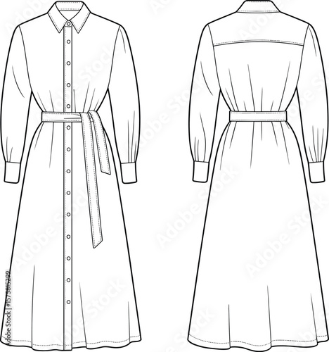 Long sleeve button down belted shirt dress with cuffed sleeves and detailed collar, back and front views, fashion flat sketch