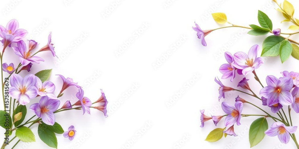Fototapeta premium Delicate soft purple watercolor floral border on white background, art, background