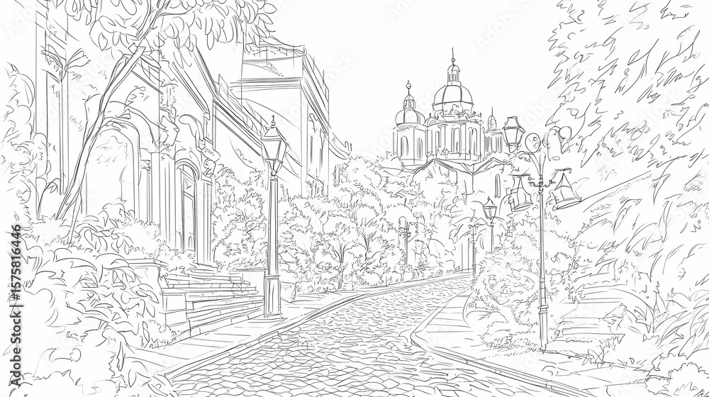 Obraz premium Detailed sketch of a picturesque street scene.