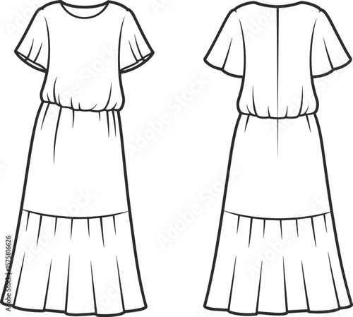 Short sleeve tiered maxi dress technical fashion flat, front and back view, gathered waist design, stylish feminine CAD vector illustration