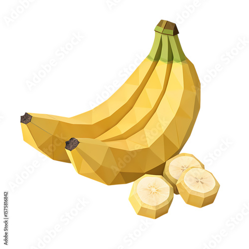 LowPoly Banana Bunch Vibrant Yellow Fruit with Sliced Segments isolated on transparent background