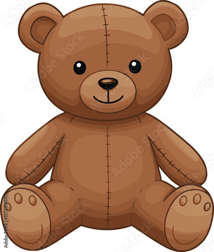 Adorable cartoon teddy bear with stitching details, sitting and smiling, cute stuffed animal illustration for kids, isolated on white background