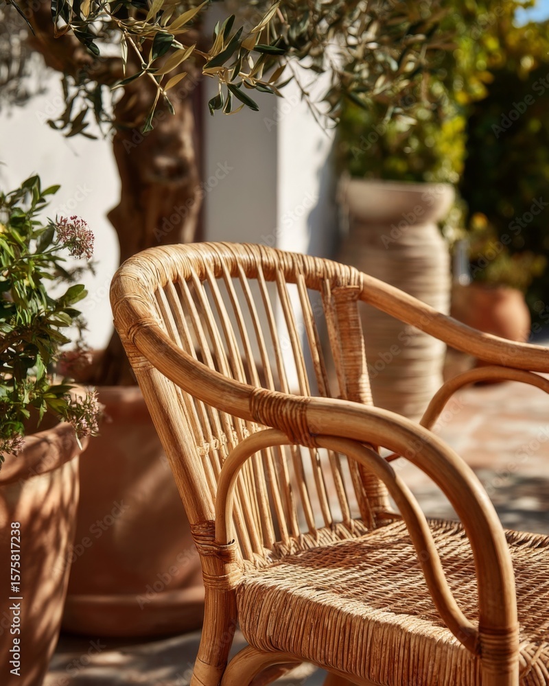 Obraz premium Rattan Chair on Patio with Olive Tree