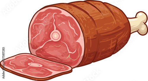 Cartoon illustration of sliced ham with bone, fresh pork meat clipart for food education, cooking, butcher, or menu design