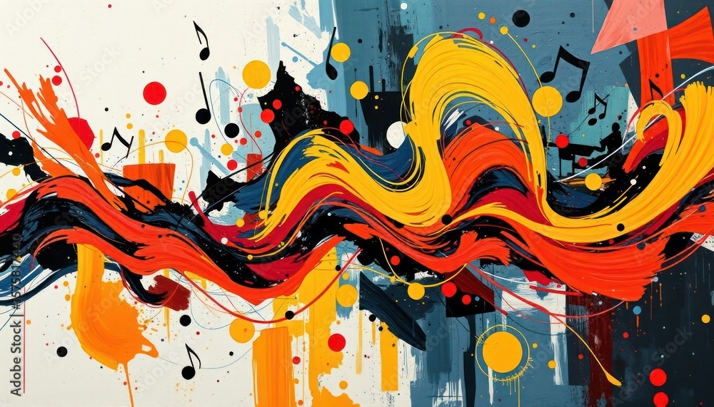 Obraz premium Abstract wave of vibrant paint strokes and musical notes