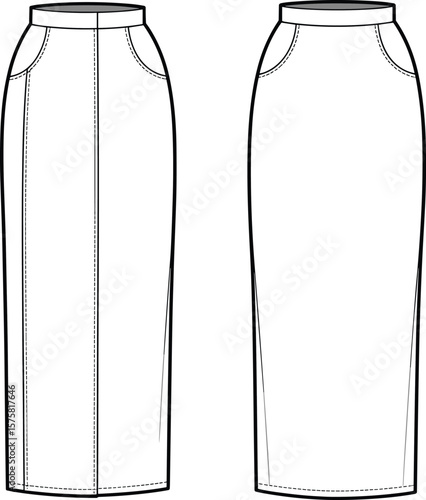 High waist straight skirt technical flat, front and back view drawing, pocket seam detail, clean silhouette, vector fashion design illustration